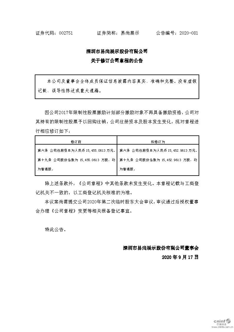 易尚展示：关于修订公司章程的公告.jpg